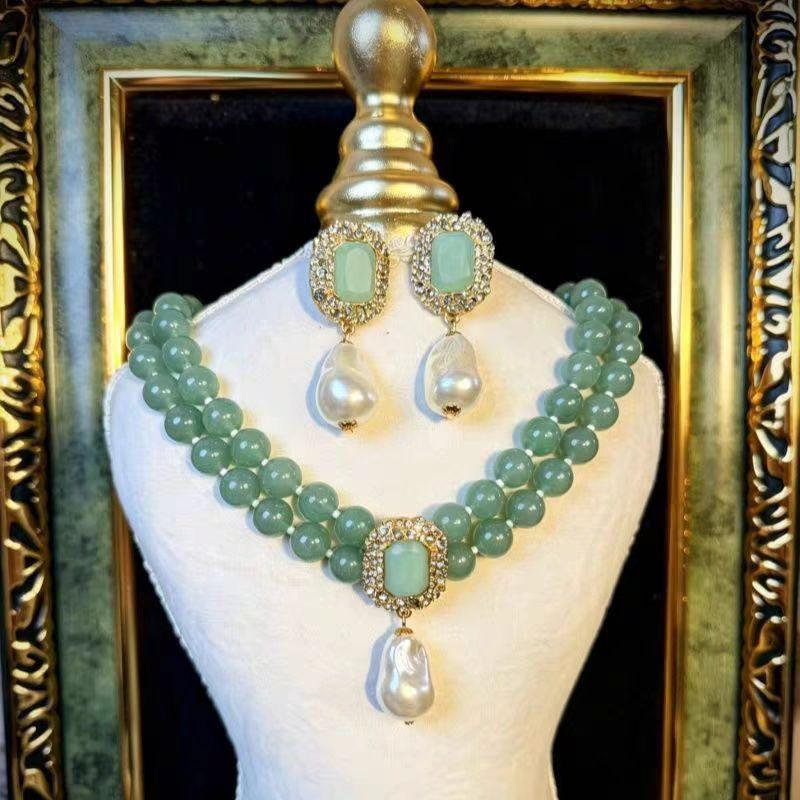 [Cuihua Condensation] Advanced Sense of Court Style Temperament Light Luxury Green Beaded Necklace Earrings Gorgeous Noble Set