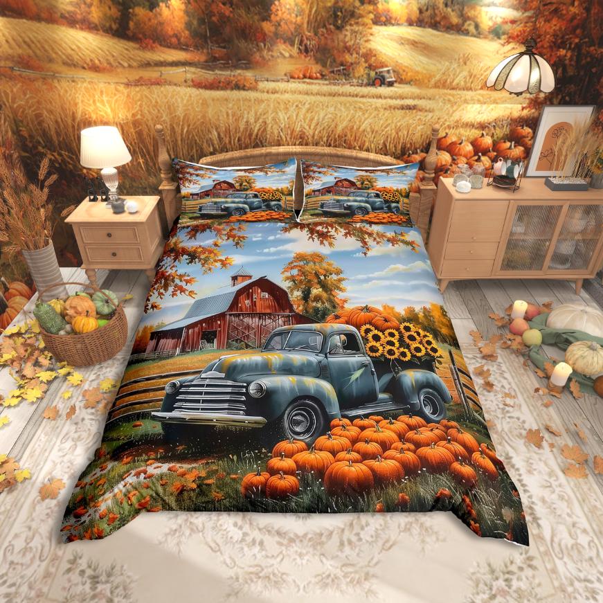Homewish Fall Pumpkin Duvet Cover SetAutumn Theme Bedding SetOrange Truck Bed Set For AdultsBreathable Home Decor