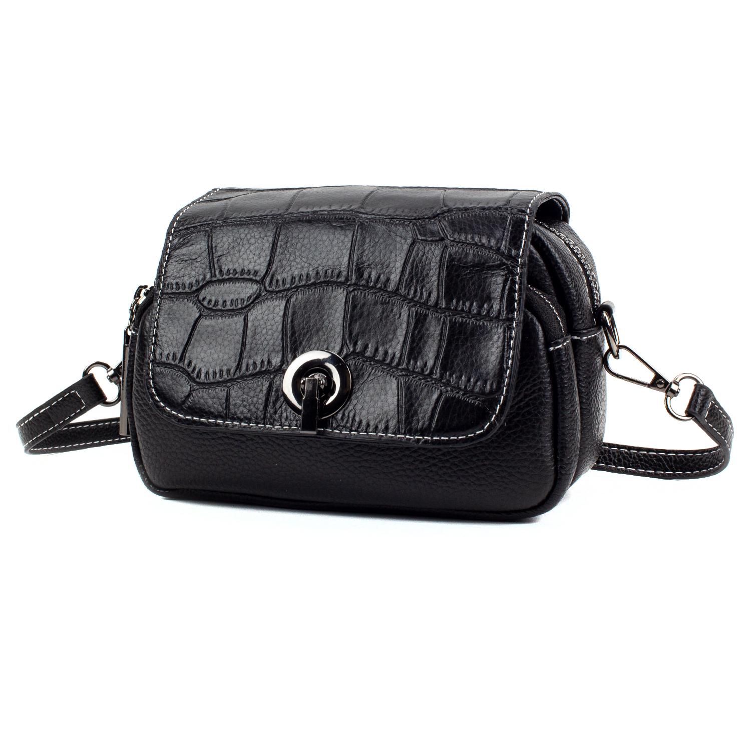 

Маленька жіноча шкіряна сумка через плече Corze GL7130, чорна, клапан з тисненням під крокодила чорний