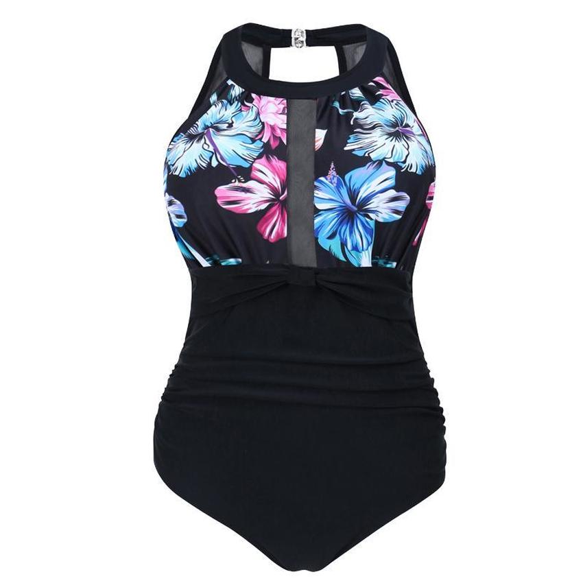 Buy Womens Plus Size Mesh Monokini High Neck Tummy Control Swimsuit Beach Swimming Costume at
