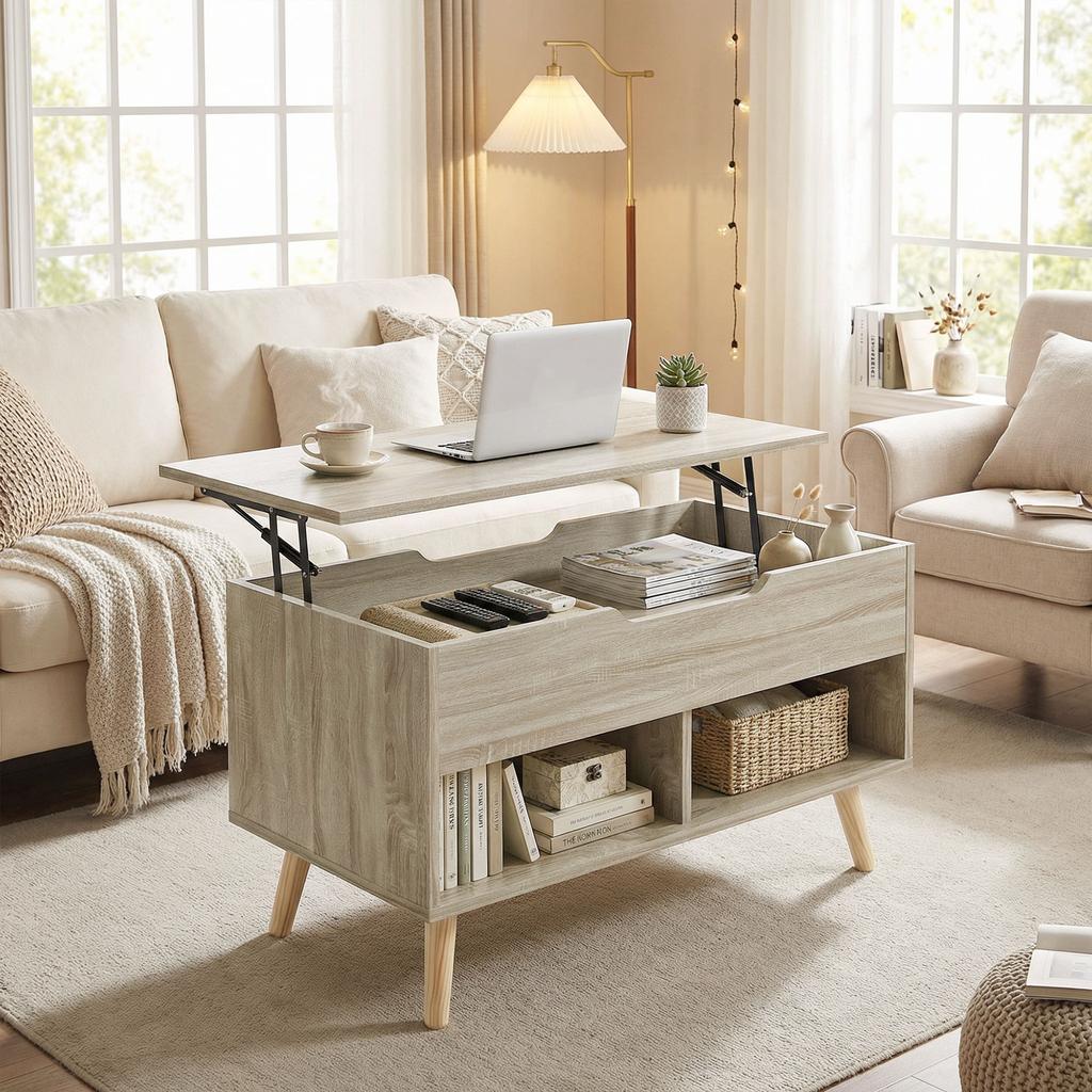 Lift-Top Coffee Table, Hidden Compartment, Open Shelves, 75 x 40 x 58 cm, Natural Wood