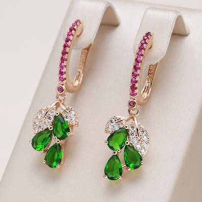 Kienl New Rose Gold Color Long Earring For Women Vintage Green Natural Zircon Flower Drop Earring High Quality Daily Jewelry