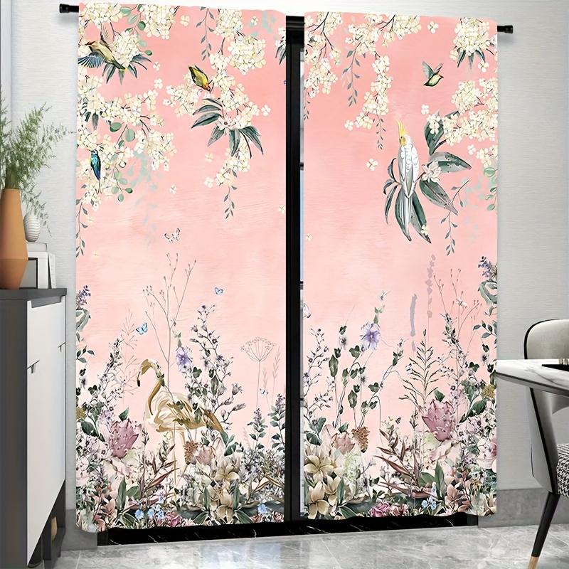 Modern Abstract Floral & Bird Print Pink Curtains - Light Filtering   Machine Washable Polyester Drapes for Living Room   Bedroom