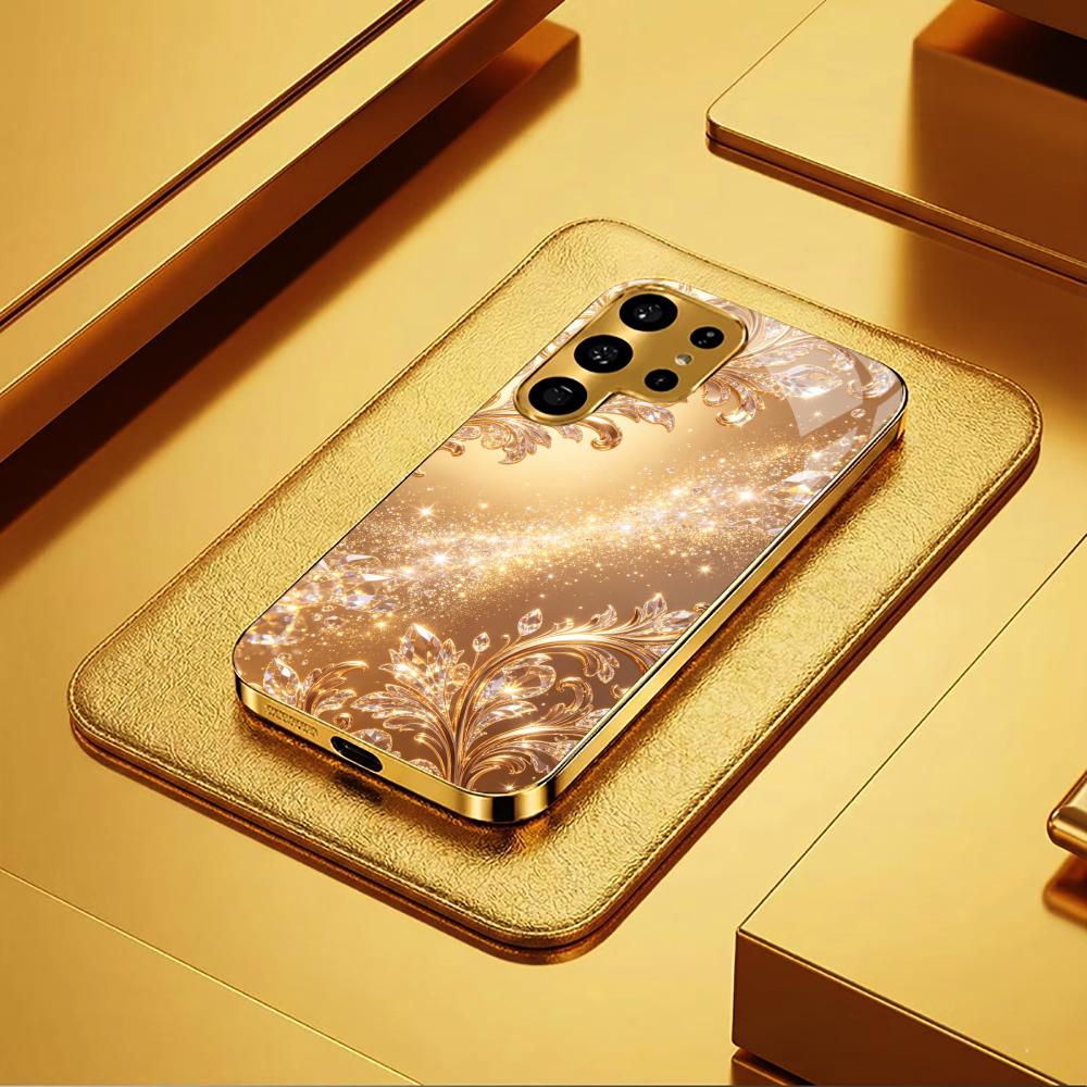 Golden Glittering Floral Pattern Phone Case S26 Ultra Case S25 Ultra Case Glass for Samsung Galaxy S26 S25 S24 S23 FE Ultra Plus