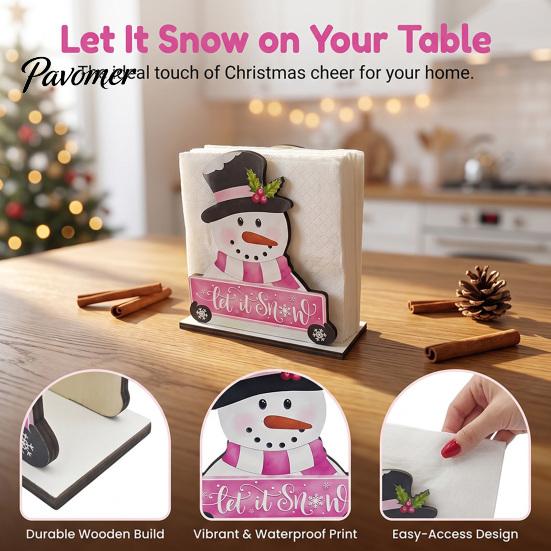 Kitchen Bar Counter Decoration Wooden Christmas Napkin Holder, Gnome/Christmas Tree/Snowman Shape, Pink Solid Wood Dispenser Stable Organizer