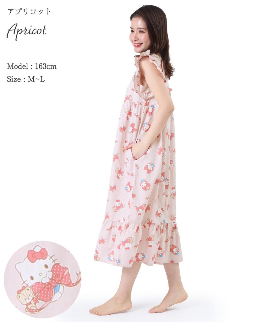 Hello Kitty Nattkjole Poplin Bomull Pyjamas Romklær Loungewear Sløyfe Hello Kitty [SAZAC] Ett stykke 100% Dame Knappelukking