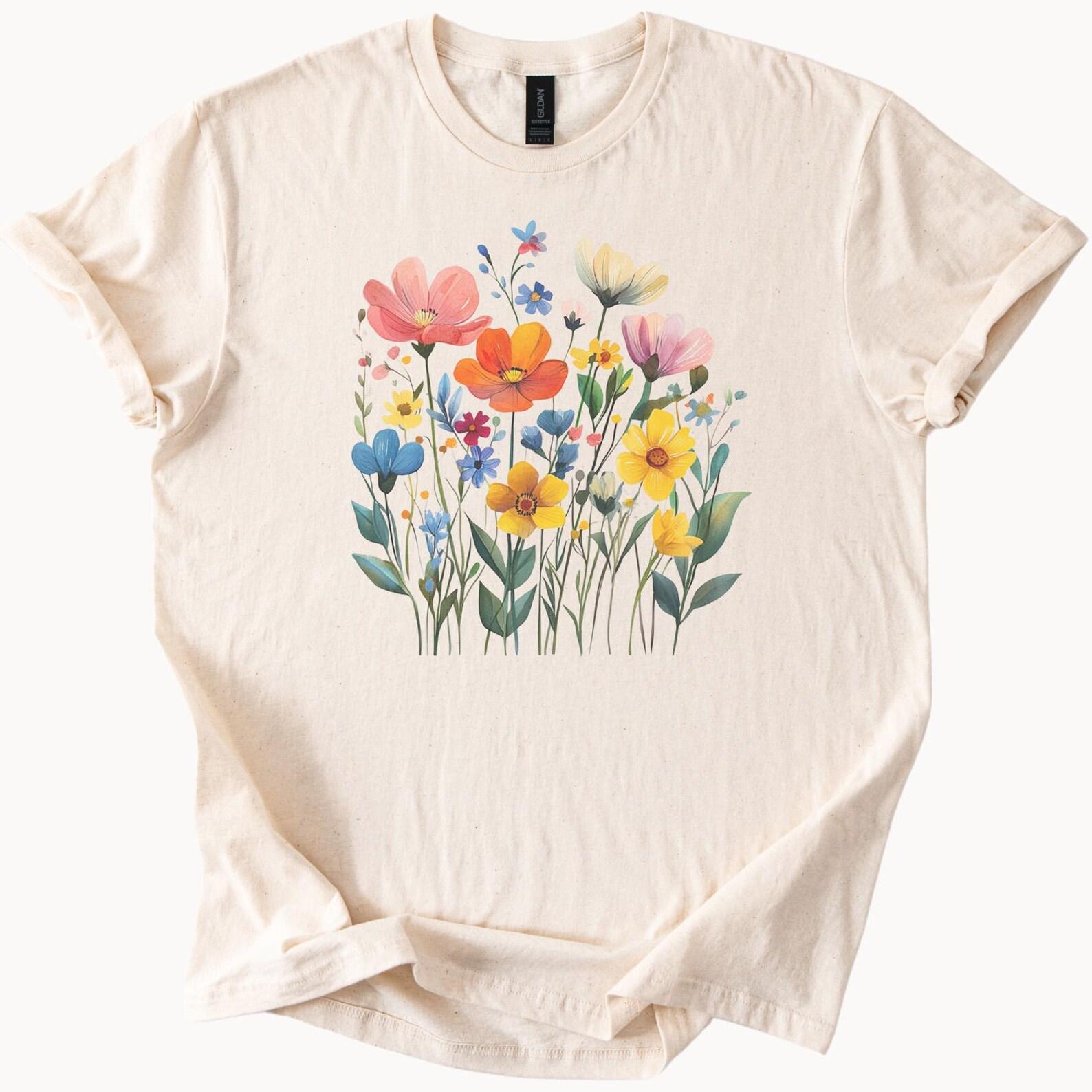 Wildflower Graphic Tee Colorful Hand Drawn Floral Shirt Spring Summer Botanical Flowers Nature Inspired Art TShirt Gift for Her 100