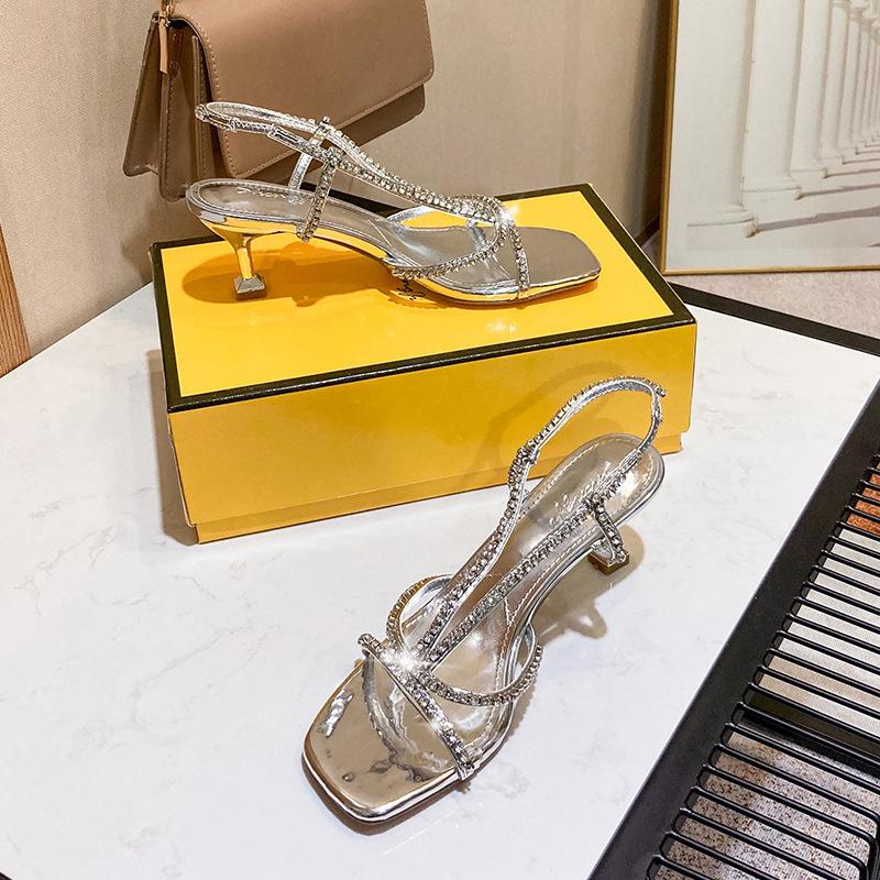 

Summer new one-word with rhinestone sandals open-toed patent leather silver temperament high heels socialite fairy banquet shoes 34