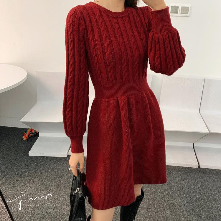Twisted Knitted Dress for Women In Autumn and Winter High-waisted Casual Long-sleeved Pullover Solid-color Sweater