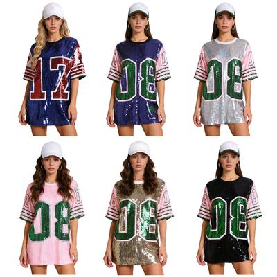 Damen Glitzerndes Pailletten Oversize T-Shirt mit Zahlen-Grafik Rundhalsausschnitt Kurze Ärmel Color Blocking Sportliches Top