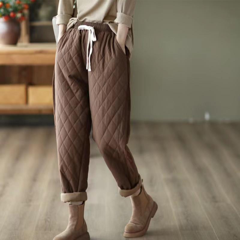 Retro Diamond-Patterned Women's Elastic Waist Harem Pants - Thick, Warm, Casual Cotton Trousers