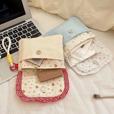 Womens Small Coin Purse Heart Button Decor Lipstick Sanitary Napkin Coin Money Bag Floral Earphones Data Cable Storage Case