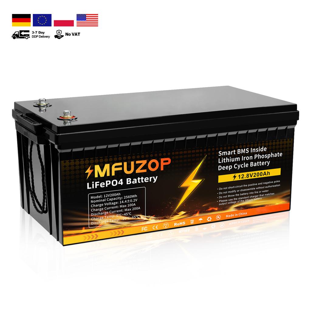 EU UK Stock 12V 200Ah PLUS LiFePO4 Battery, Built-in 200A BMS, 2560Wh Lithium Battery,Up to 8000 Cycles, Deep Cycle Battery