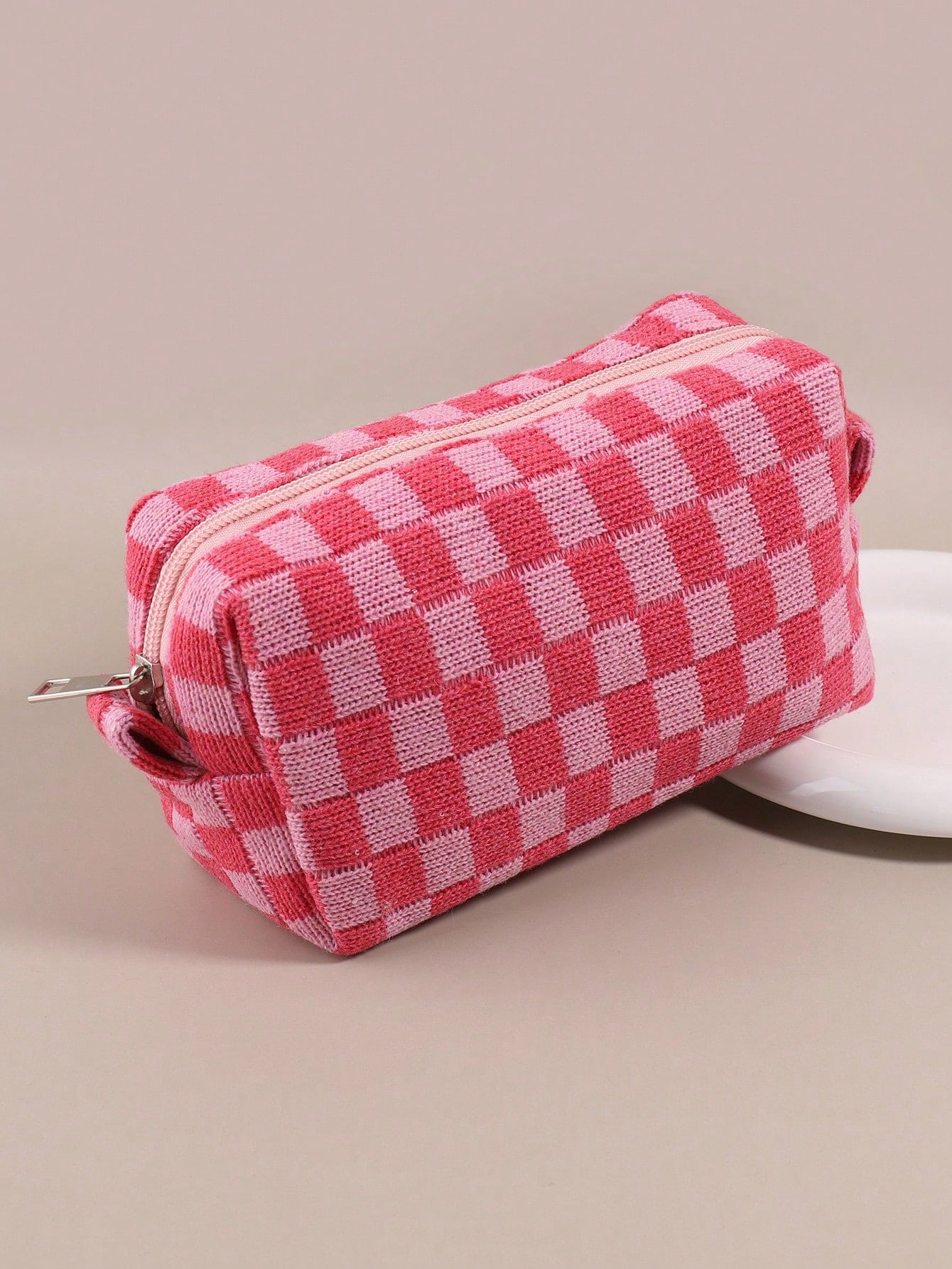 

Pink checkered pattern portable pencil case, simple large-capacity stationery storage bag, office supplies storage pen bag