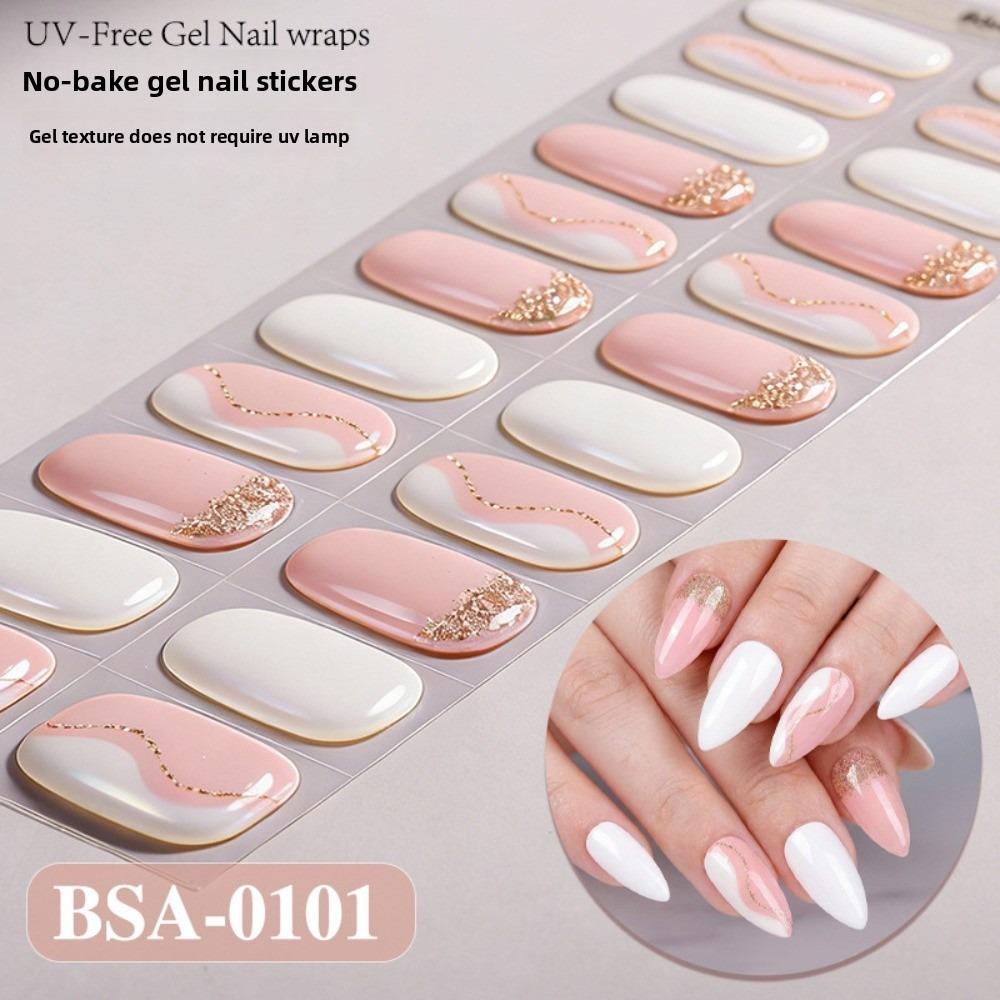 22Strips Semi-Cured Nail Wraps Long Lasting Semi Cured UV Nail Sticker French White Edge Full Cover Nail Art Decoration