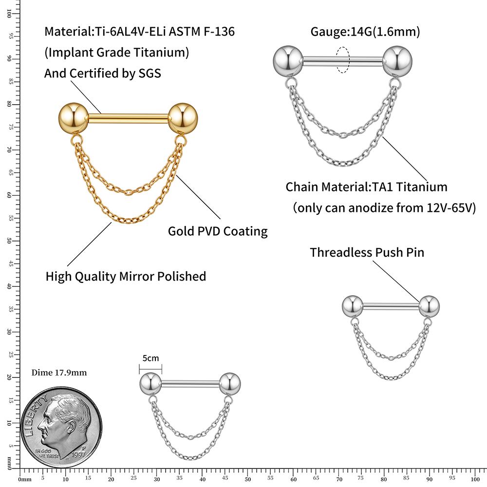 Right Grand ASTM F136 Titanium Threadless Push Pin Nipple Shield Ring with Double Chain Dangle 14G Barbell Piercing Jewelry