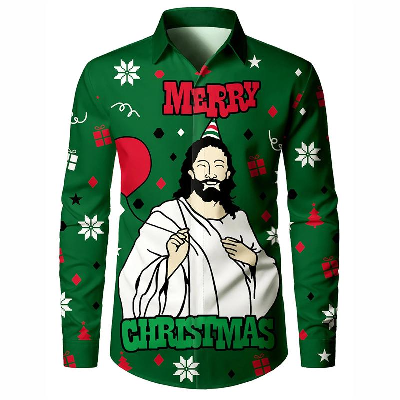 Funny Santa Claus Christmas Holiday Long Sleeve Shirt For Men Clothes Family Party Fun Casual Button Shirts Xmas Fashion