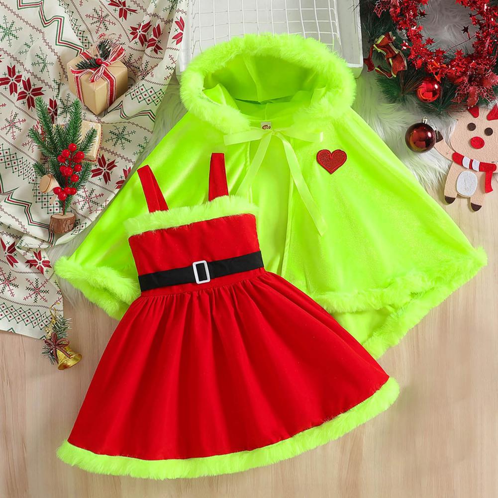 Winter Toddler Cloak Festive Toddler Christmas Cape Dress With Fur Trim For Holiday Parties Girls Santa-Style For Cosplay