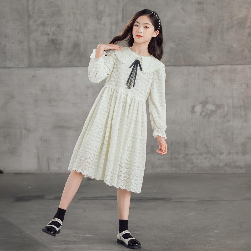 Girls' Lace Princess Dress with Long Sleeves and Mesh Skirt for Spring