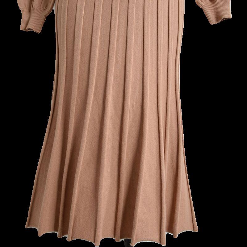 Foreign Trade Original Order New Solid Half-high Collar Long Sleeve Knitted Dress Women Clothes Waist Slimming Over the Knee Pleated Long Dress