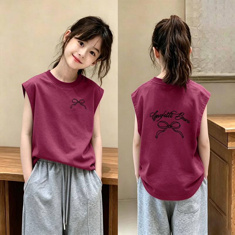 Korean Style Girls' Pure Cotton Sleeveless Vest - Summer 2026 Collection, Medium & Large Children's Loose Round Neck T-shirt