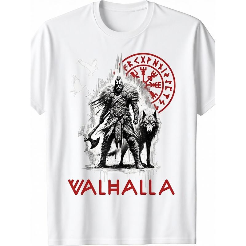 Men'S Viking Norse Valhalla Odin Wolf & Raven Rune Compass T-Shirt - Viking Warrior Culture Graphic Tee with Odin'S Rune Staff Design, Loose Fit