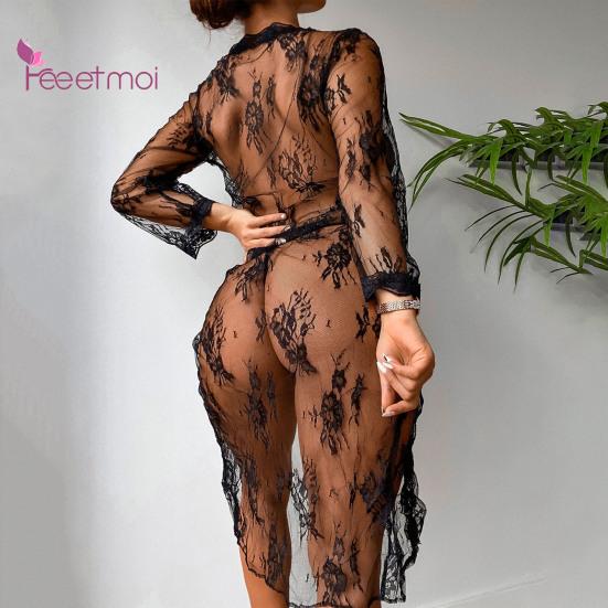 Lady Nightdress Lace Open Front Up Two Piece Transparent Floral Lace Sexy Nightdress Panties Set