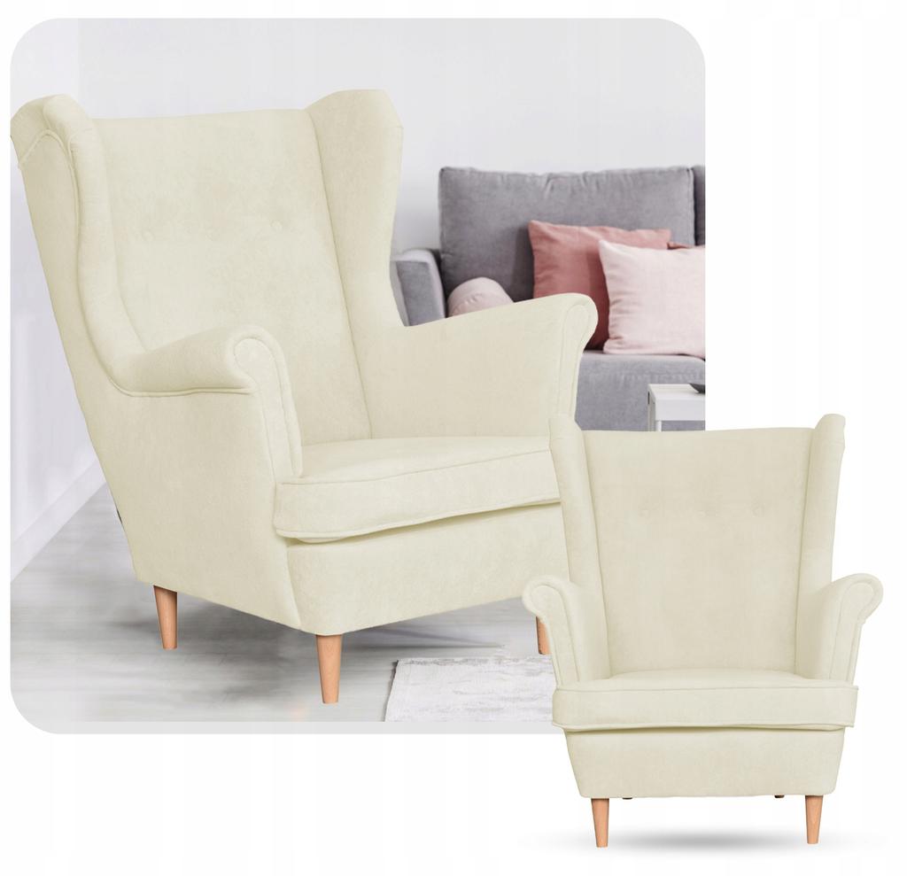 Fotel uszak skandynawski welur kremowy jasny Hunter Family Meble beżowy