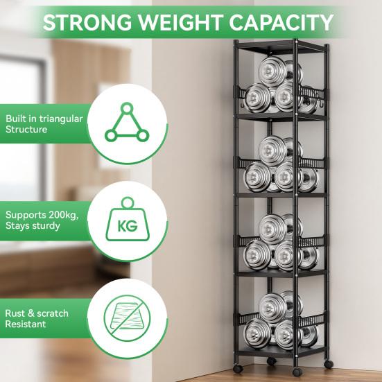 Thickened Carbon Steel Storage Rack 5-Tier Adjustable Metal Shelf with Locking Wheels, 440 lbs Capacity, Heavy Duty Layer Height Triangle Support,