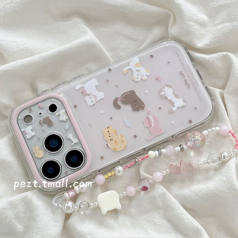 Cute Cartoon Cat Phone Case With Wrist Strap IPhone 17 Pro Max 16 15 14 13 12 Full Coverage Shockproof Silicone Cover