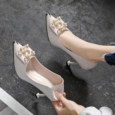 New Style Pointed Stiletto High Heels Large Size Plus Size Plus Width Pearl Buckle Women's Single Shoes Butterfly Wedding Shoes