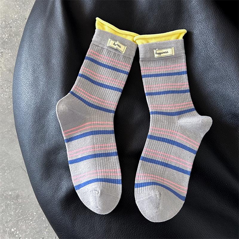 Lady Autumn Stripe Color Contrast Letter Cloth Mark Stitching Fake Two Pieces of Tube Pile Socks