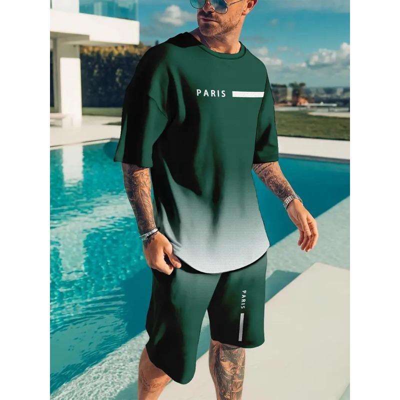 Ensemble Sportif Deux Pièces Imprimé 3D pour Homme T-shirt à Col Rond Couleur Dégradée Hauts à Manches Courtes Shorts Décontractés Fitness