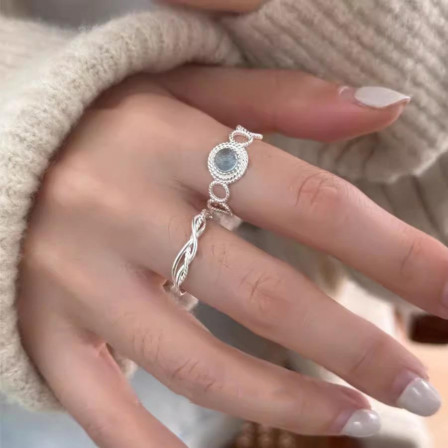 925 Sterling Silver Rings for Women Couple Minimalist Handmade Simple Blue Stone Ring Fine Jewelry Gift Prevent Allergy