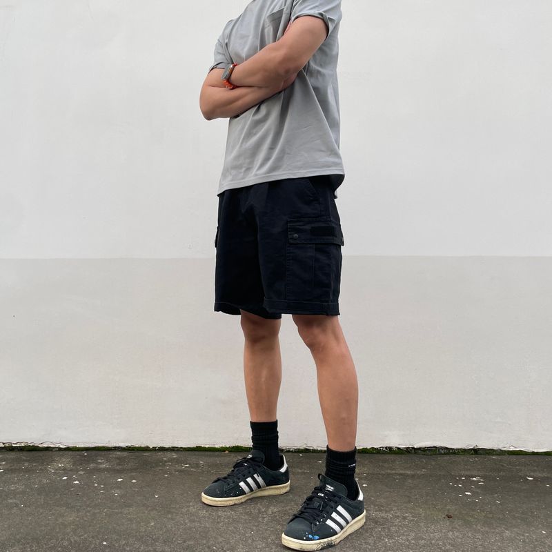 

Gtal American Tough Guy Parka Shorts Summer Washed Patch Velcro Half Length Pure Color Versatile Casual Pants Black M