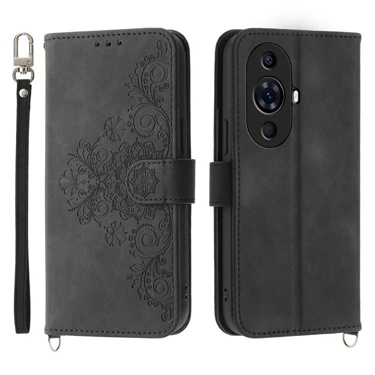 

Flower Imprinted Phone Case for Huawei nova 11 Pro Skin-Touch Phone Shell Anti-Drop PU Leather Wallet Cover with Strap