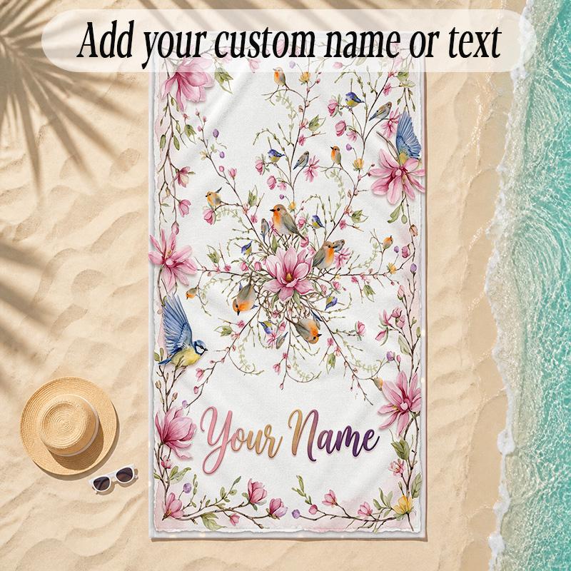 Birds Theme Soft Beach Towel Personalized Custom Name Text Towel Portable for Beach Pool Travel