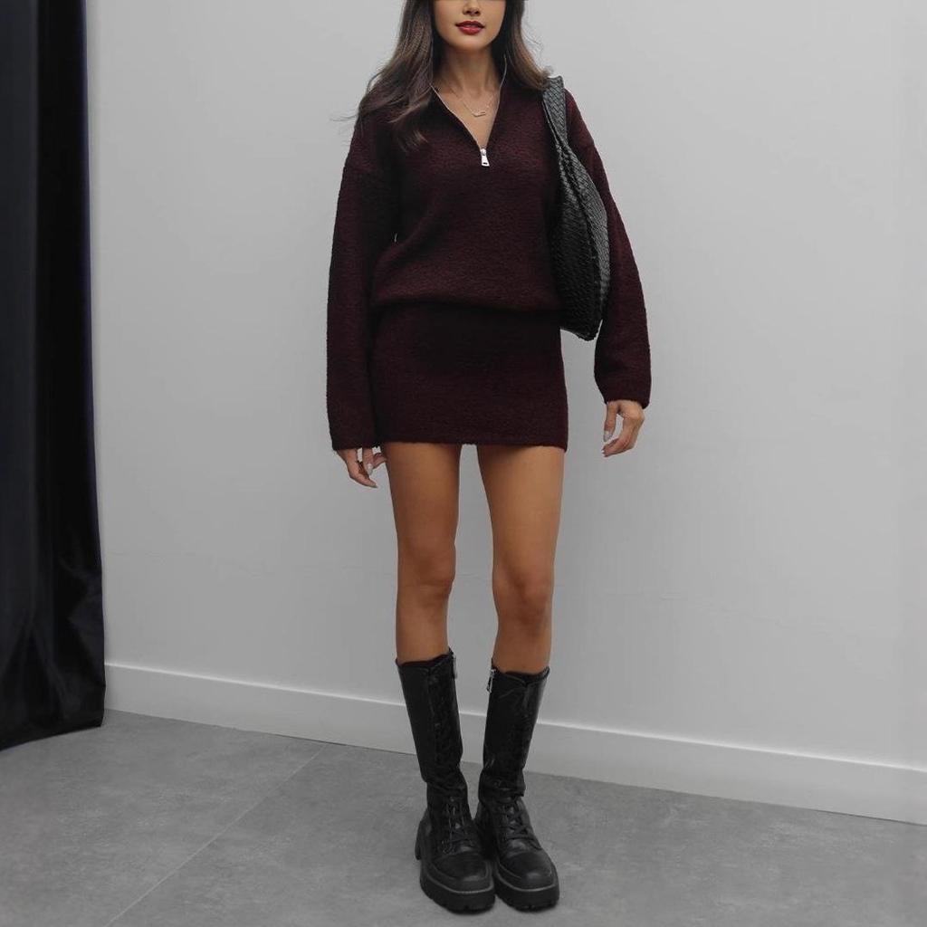 2025 Autumn Women's Half-open Collar Long Sleeve Sweater and Hip-hugging Skirt Set
