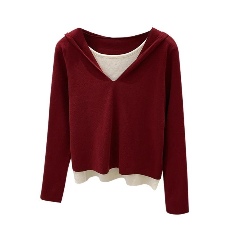 Ny stickad bas-tröja med huva i falsk tvådelad design för dam höst och vinter, smickrande och figurnära kort topp