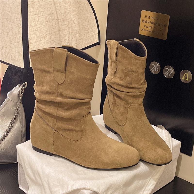 2623-1 Flacher Boden Runde Spitze Innere Höhenerhöhung 2025 Herbst und Winter Neue Kurze Stiefel Damenstiefel Plateau-Stiefel Western Mittelstiefel