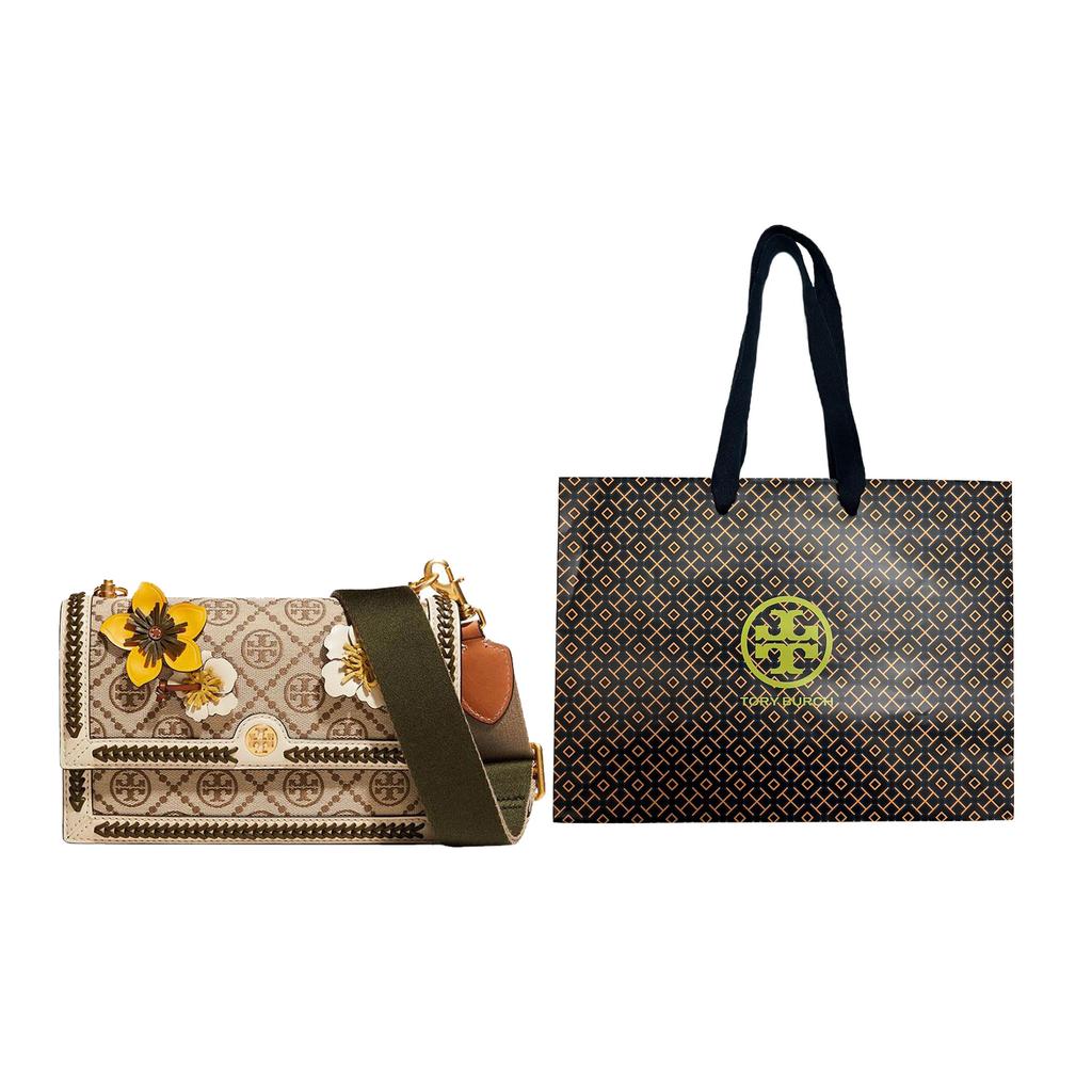 Tory Burch T Monogram 3D Floral Decoration Canvas And Genuine Leather Mini Shoulder Crossbody Bag Women Bags Beige 88976-371