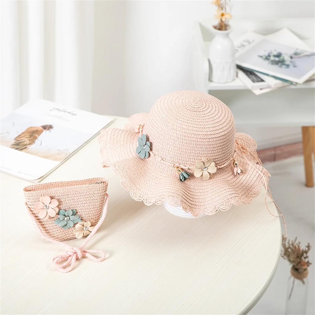 Girls' straw hat bag matching travel sun hat Flower children's sun hat Outdoor fashion fisherman hat sunscreen hat