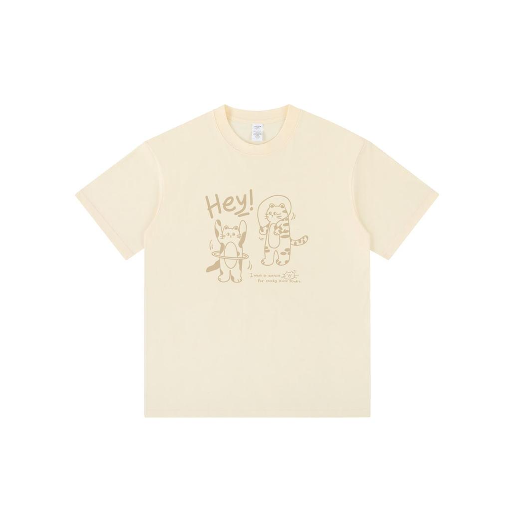 Unisex Summer Trend Cat Print Cotton Tee, Drop Shoulder, Loose Fit