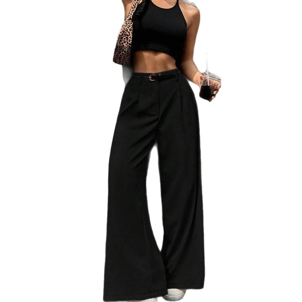 High Waist Wide Leg Women's Summer Suit Pants - Versatile, Casual, Petite, Straight Leg, Floor-Length Trousers