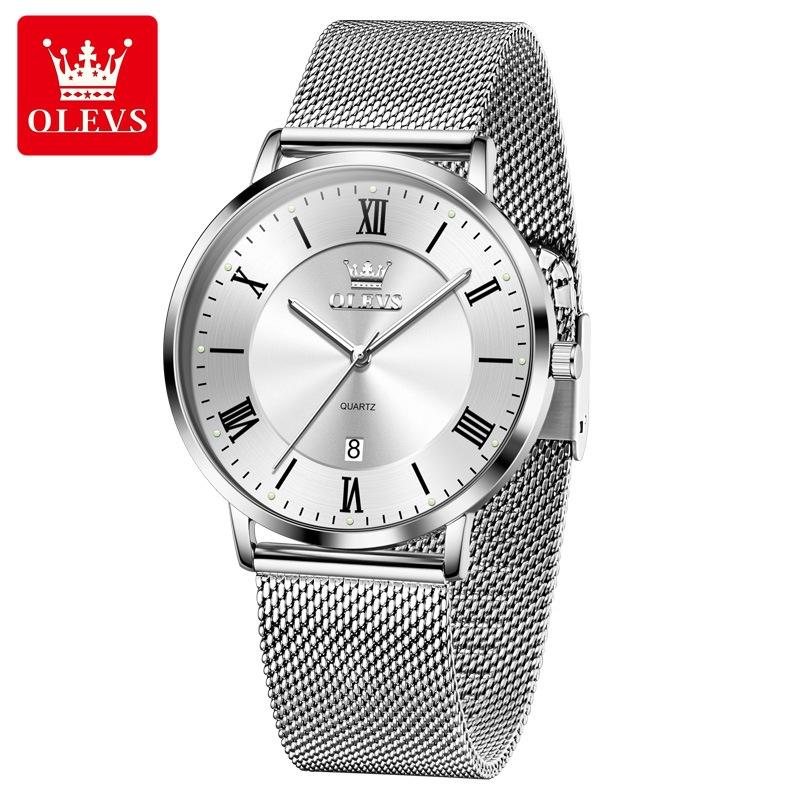 OLEVS Herrenuhr Minimalismus Ultradünne Original Quarz Armbanduhr Wasserdicht Leuchtend Mesh Armband Datum Uhr Geschenke