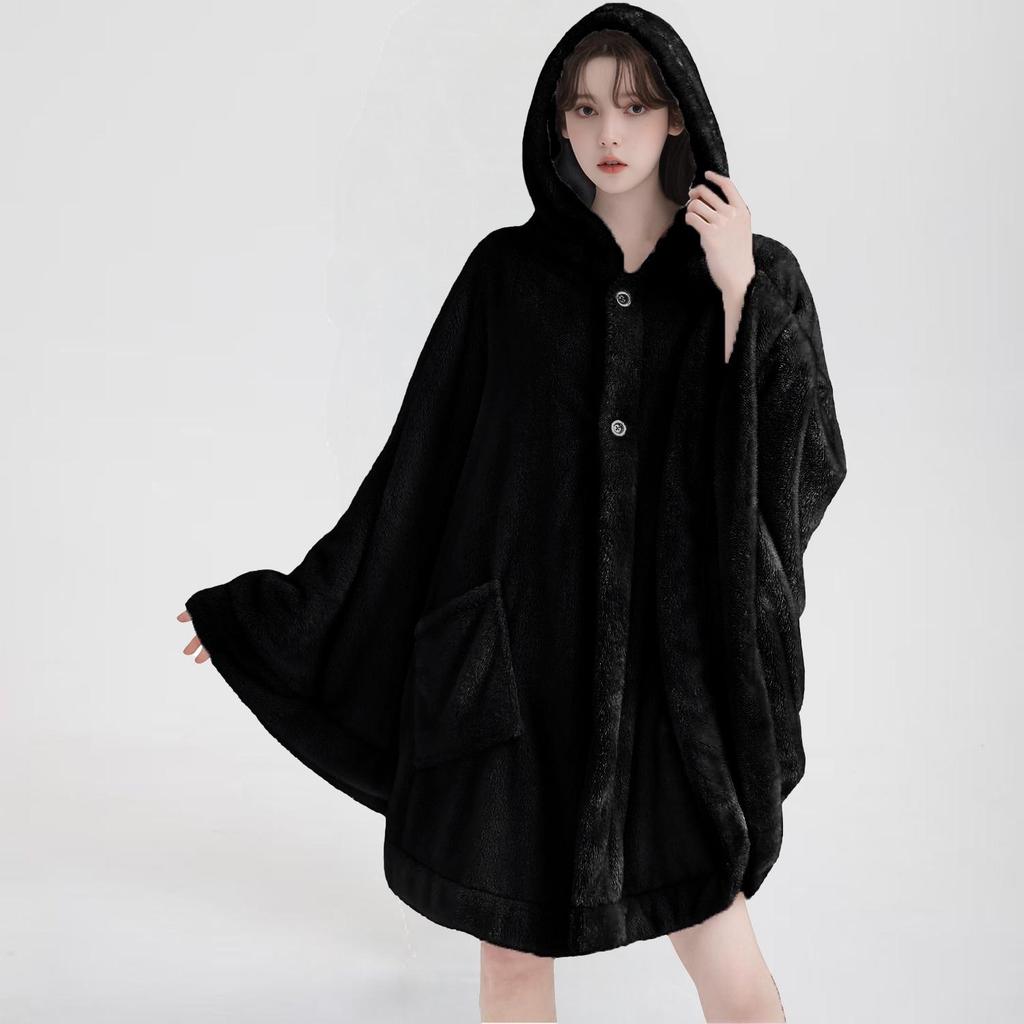 Hooded Women's Thick Double-Sided Fleece Bathrobe - Absorbent, Anti-Shed, Woolen Long Robe