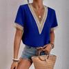 Women's V Neck Blouse Short Sleeve Lace Trim Loose Fit Casual Summer Top