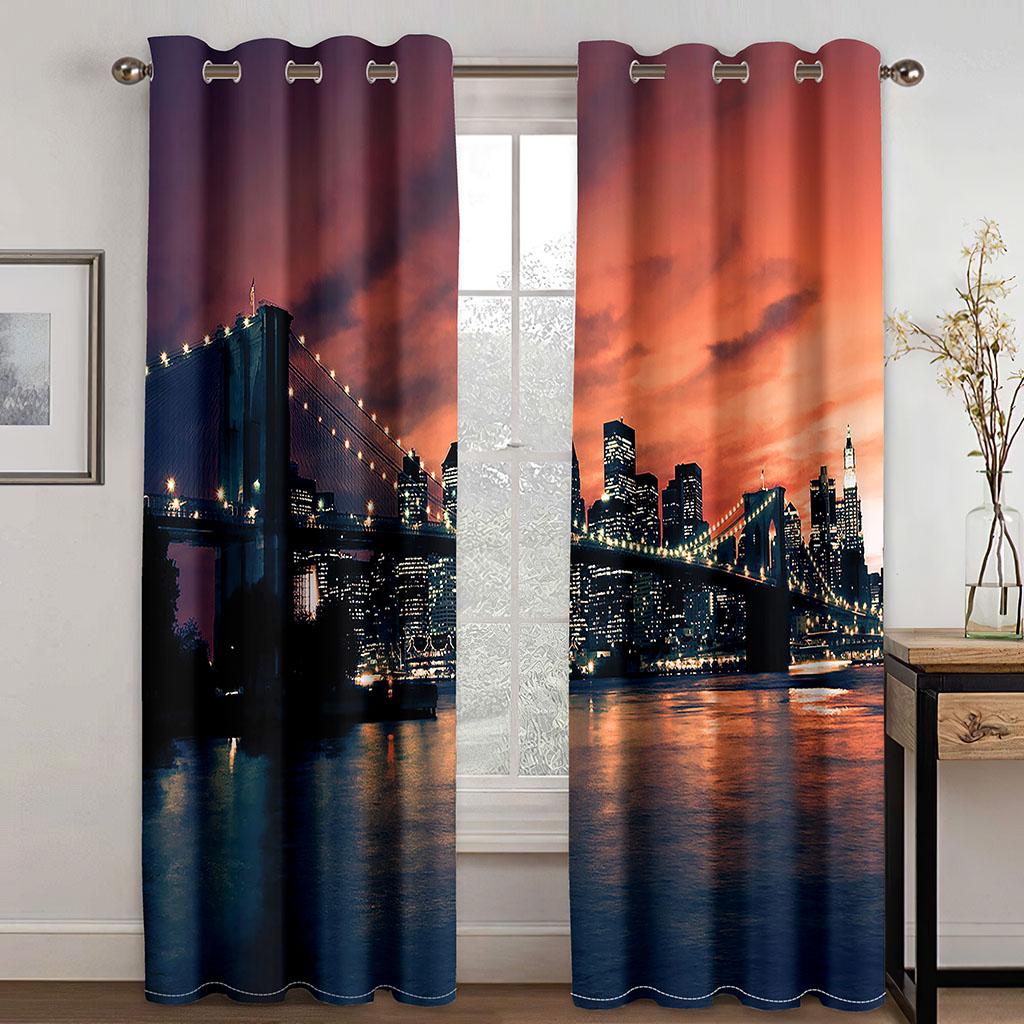 Natürliche Landschaft Landschaft Meer Wolken Stadt 2 Stücke Kostenloser Versand Dünne Fenster Vorhänge Vorhang für Wohnzimmer Schlafzimmer Dekor