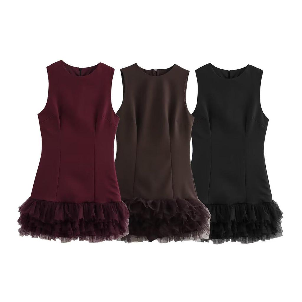 2024 Winter Women's Fashion: European & American Style Silk Mesh Spliced Dress