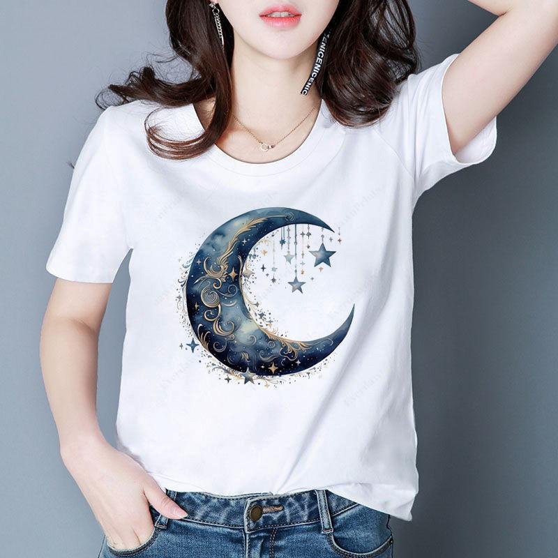 Sommer Neues Individuell Bedrucktes Modisches Damen-T-Shirt Personalisiertes Mondmuster Rundhals-T-Shirt für Damen Harajuku Ästhetik